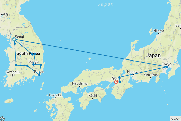 Kaart van Compleet Korea met Tokio, Kyoto en Osaka