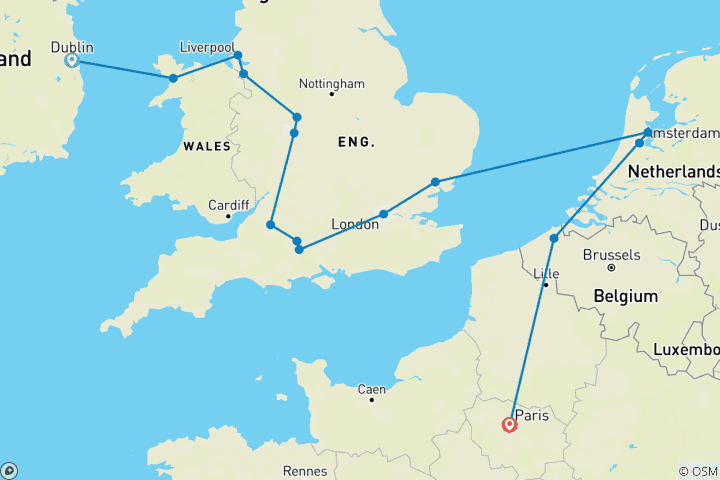 Karte von Dublin, Südengland und Amsterdam mit Paris