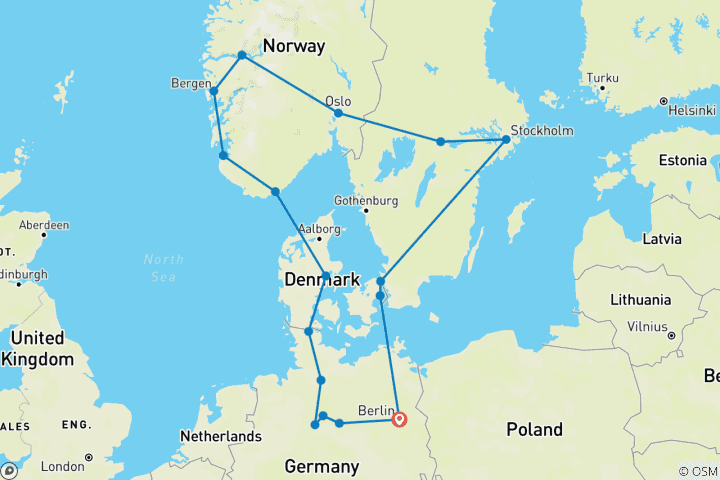 Kaart van Noord-Duitsland en Scandinavië met Berlijn