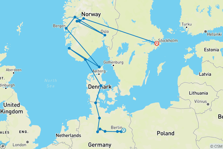 Karte von Norddeutschland und Skandinavien, Ende in Stockholm