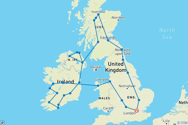 Karte von Great British Route und Smaragdinsel mit London