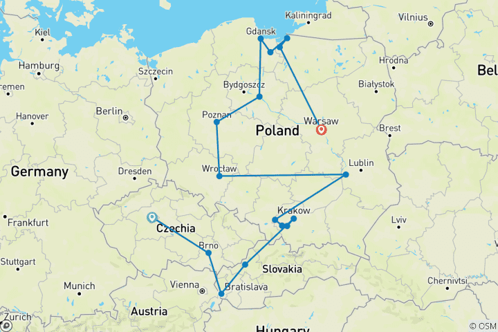 Kaart van Praag, Moravië en rondreis door Noord-Polen