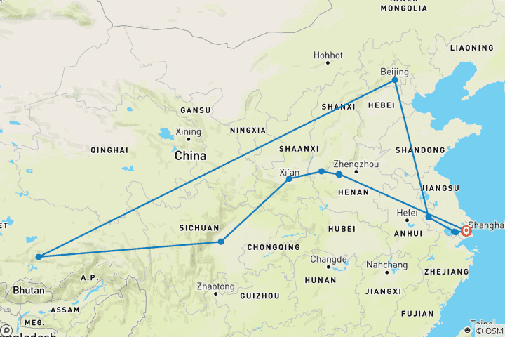 Carte du circuit Les routes du Tibet et la Chine inoubliable