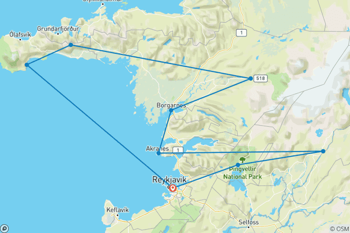 Carte du circuit Le meilleur de l'Islande avec les aurores boréales (2026)