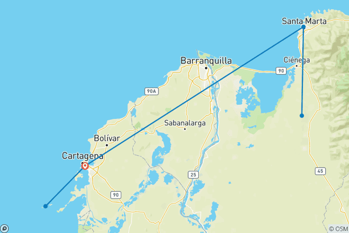 Kaart van 8-daagse ervaring: Verloren Stad Trek & Cartagena