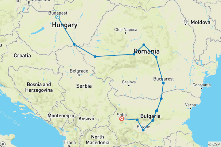 Carte du circuit Capitales de l'Europe de l'Est : Hongrie, Roumanie et Bulgarie en 12 jours - PETIT GROUPE