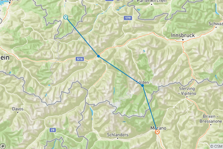 Mapa de Travesía alpina guiada Oberstdorf - Merano con comodidad hotelera