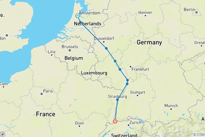 Mapa de Crucero Clásico por el Rin (Ámsterdam - Basilea) (9 destinations)