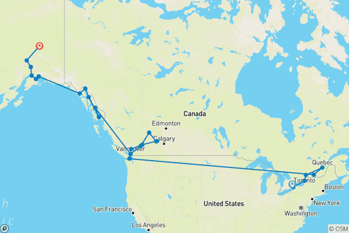 Carte du circuit Est du Canada, Rocheuses et Alaska par mer et par terre Toronto → Fairbanks (2026)