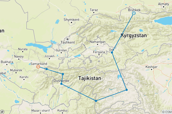 Map of Pamir Highway and Silk Road