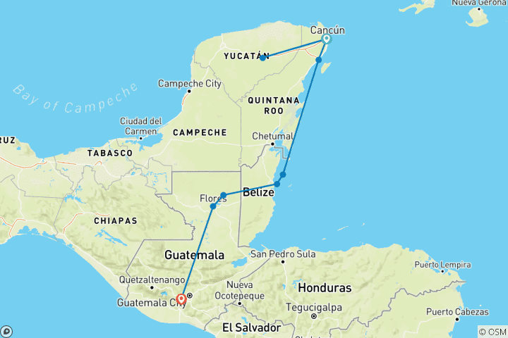 Mapa de Experiencia México, Belice y Guatemala (11 Días, Intra Circuito Aéreo México Belice Guatemala)