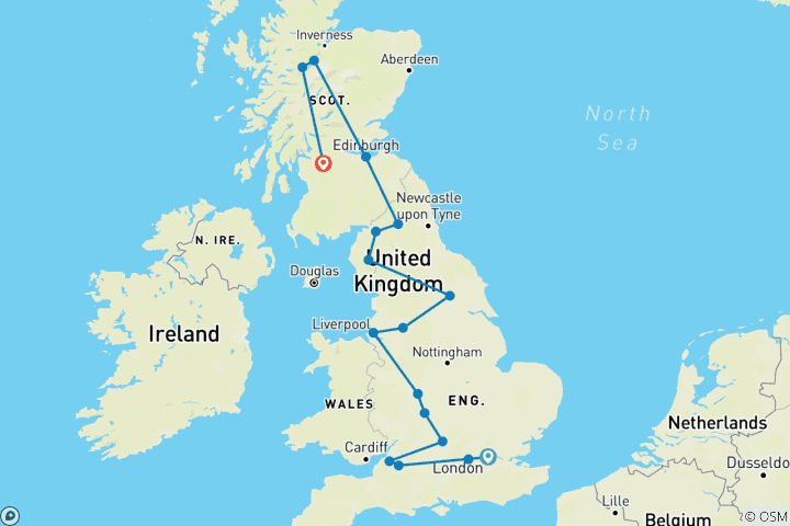 Kaart van Nuchter Nieuwsgierig: Engeland en Schotland (Einde Glasgow, 11 Dagen)