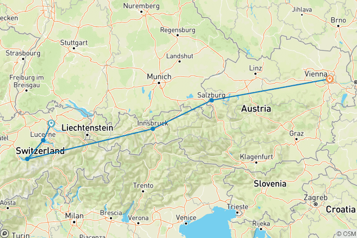 Carte du circuit Alpes suisses et autrichiennes - Zurich, Innsbruck, Salzbourg et Vienne en 10 jours