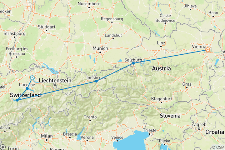 Map of [Self-Guided] Swiss and Austrian Alps - covering Zurich, Innsbruck, Salzburg and Vienna in 10 days