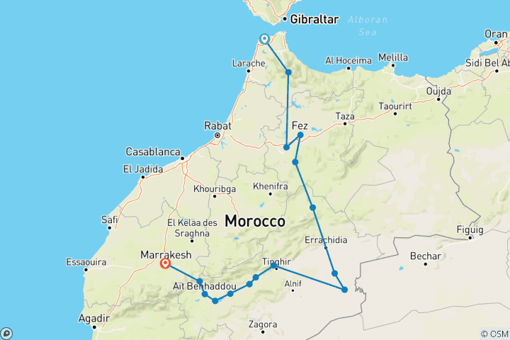 Map of 6 Days Tour From Tangier To Marrakech Via Sahara ( Luxury Desert Camp )