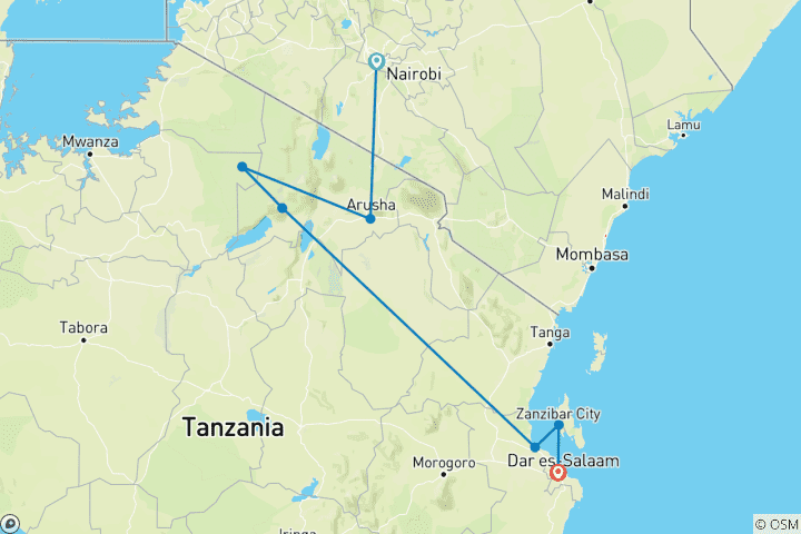 Carte du circuit Tanzanie et Zanzibar (avec hébergement) - 10 jours