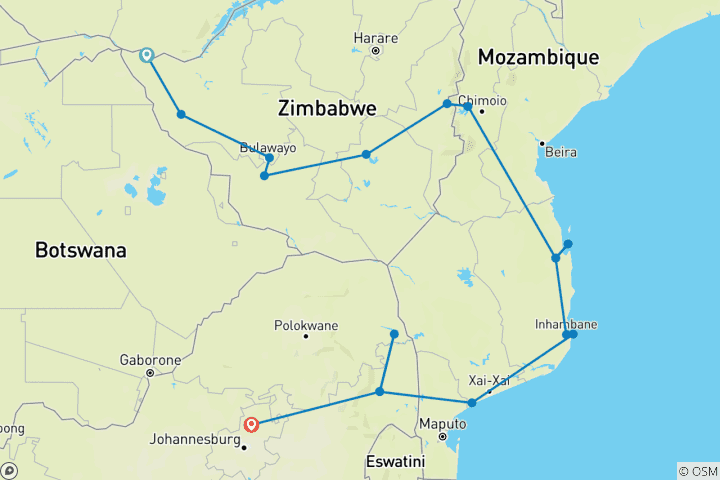 Mapa de Descubrimiento de Zimbabue y Mozambique - 14 Días