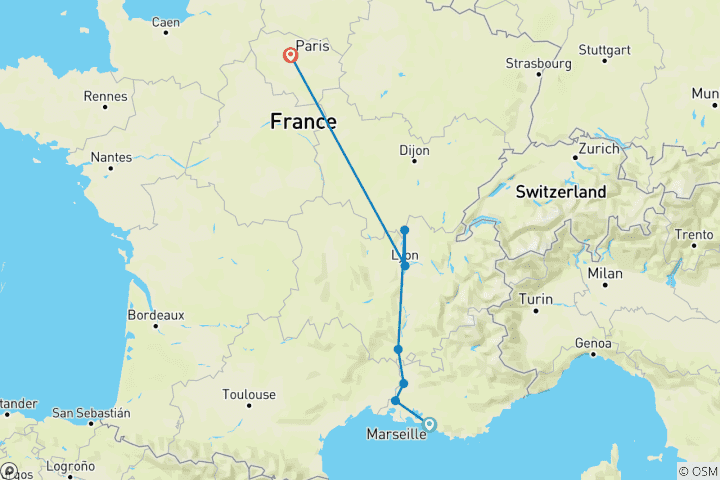 Carte du circuit Sensations de Lyon et Provence & Paris 2026 - 10 jours (from Marseille to Paris)