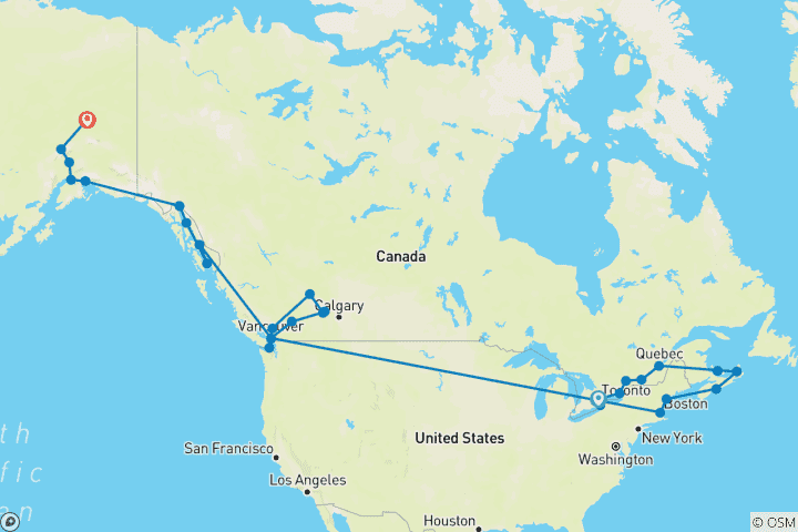 Carte du circuit Ultimate Canada - East to West & Alaska Adventure (en anglais)