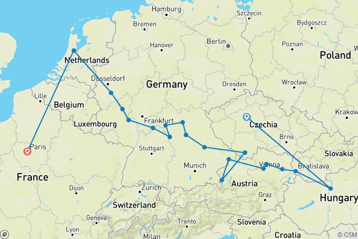 Kaart van Praag naar Parijs & Kerstmarkten van Europa 2026 - 21 Dagen (van Praag naar Parijs)