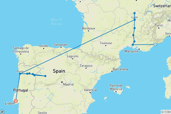 Carte du circuit De Nice à Lisbonne et à la découverte des rivières de France et du Portugal 2026 - 21 jours (including Mâcon)