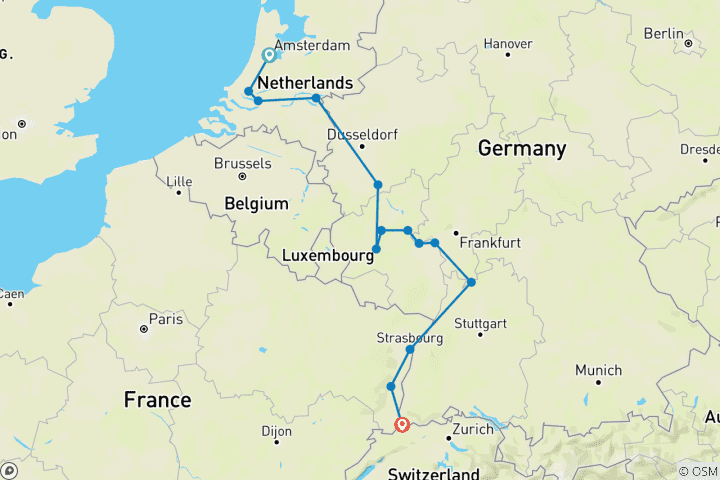 Kaart van Amsterdam met Rijn Kastelen & Moezel Wijngaarden 2026 - 13 Dagen (van Amsterdam naar Bazel)