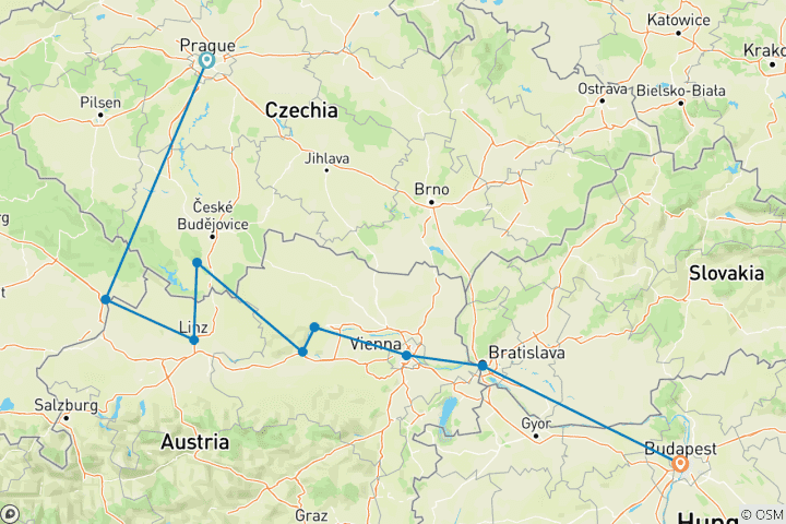 Kaart van Donauverkenner & Boedapest met Praag 2026|2027 - 13 Dagen (van Praag naar Budapest)