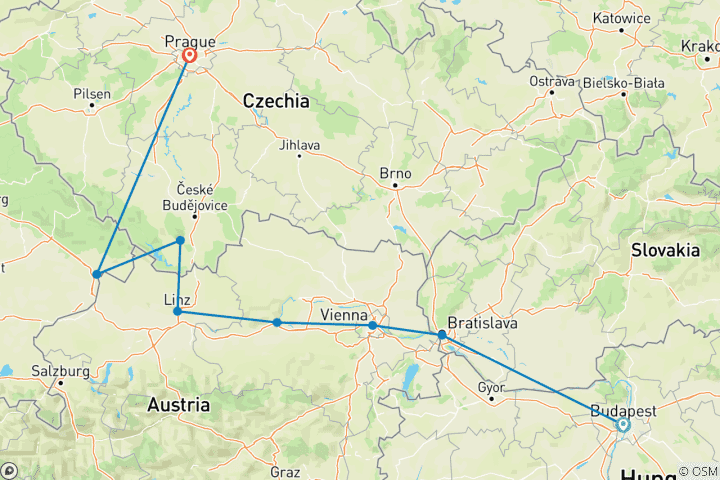 Carte du circuit Exploration du Danube et Budapest avec Prague 2026|2027 - 13 jours (from Budapest to Prague)