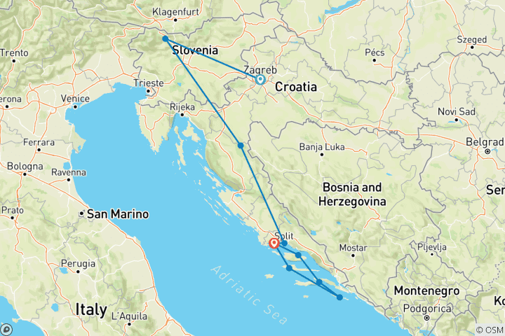 Map of Croatia Express with Adriatic cruise  Split – Dubrovnik – Split