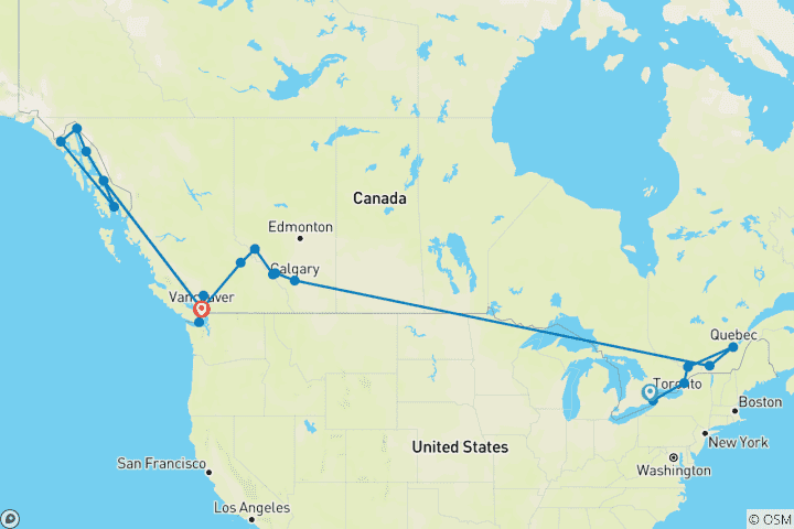 Mapa de Lo más destacado del este y oeste de Canadá con crucero por Alaska Toronto → Vancouver (2026)