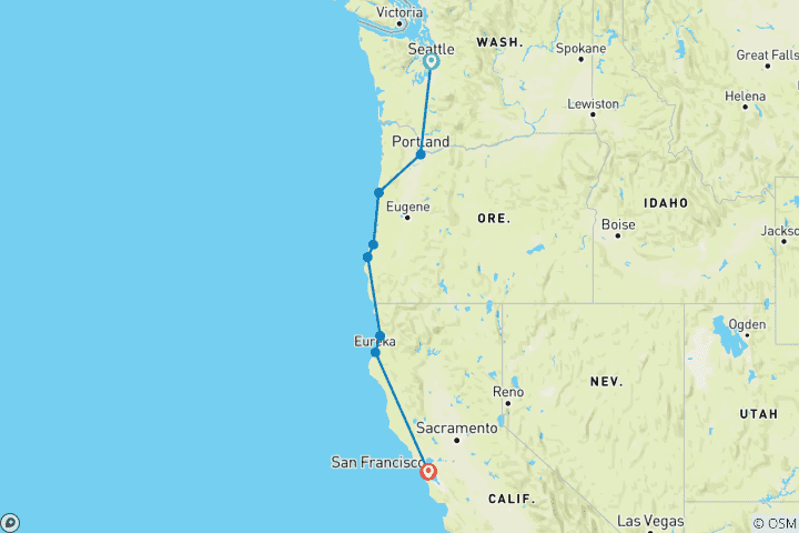 Carte du circuit Pacific Northwest & California comprenant Washington, Oregon et Californie (de Seattle, WA à San Francisco, CA) (2026)