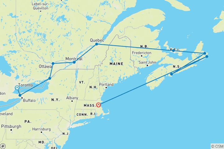 Kaart van Oost-Canada en New England Cruise Toronto → Boston (2026)