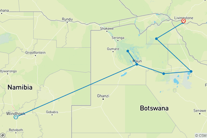 Mapa de Expreso de 8 días por el Delta del Okavango y Chobe (Camping)