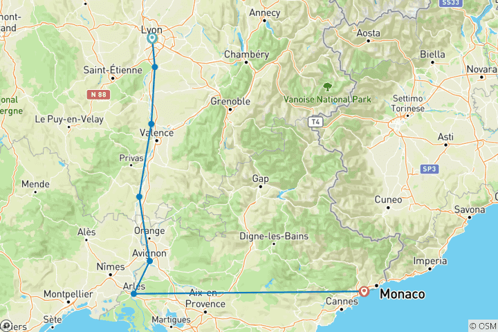Carte du circuit Sensations printanières de Lyon et de la Provence 2026 - 8 jours (from Lyon to Nice)