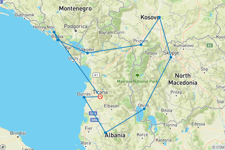 Carte du circuit Circuit privé de 5 jours dans les Balkans : Albanie, Macédoine du Nord, Kosovo et Monténégro