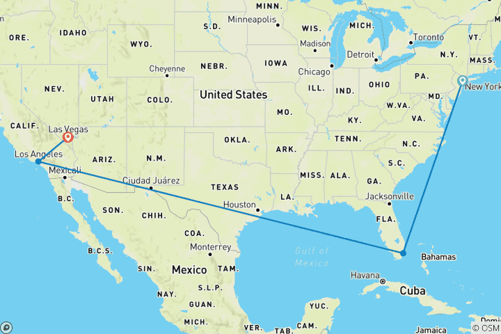 Karte von USA Bucketlist: Lady Liberty, Hollywood & Las Vegas!