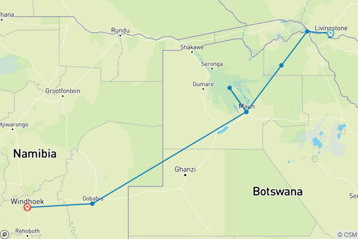 Mapa de Expreso de 8 días Chobe y Delta del Okavango (Camping)