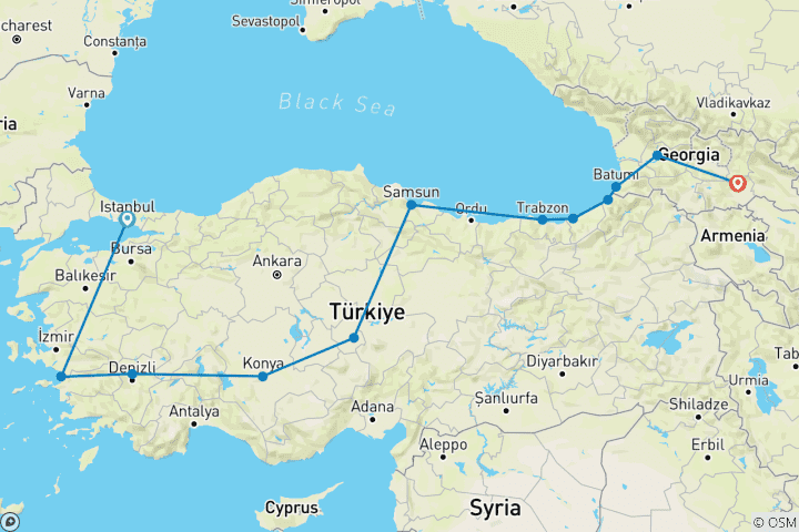 Mapa de Vacaciones de 14 días con los Ángeles en Turquía y Georgia| ¡Un gran viaje a través de sultanes y soberanos! (Viaje privado con guía)