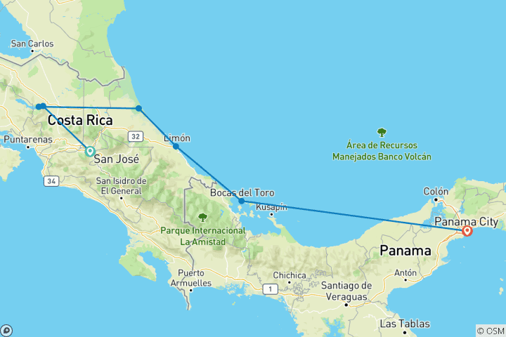 Carte du circuit Circuit Costa Rica-Panama - 13 jours le long des Caraïbes