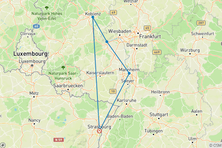 Carte du circuit La romantique vallée du Rhin et le rocher de la Lorelei - BOHEME