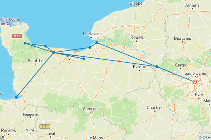 Carte du circuit Paris vers les plages historiques du Débarquement