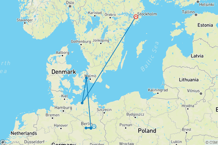 Karte von Berlin nach Stockholm Erlebnisreise (12 Destinationen)