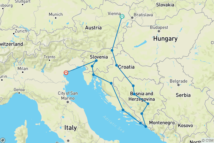 Map of East of Europe and Venice (including Banja Luka)