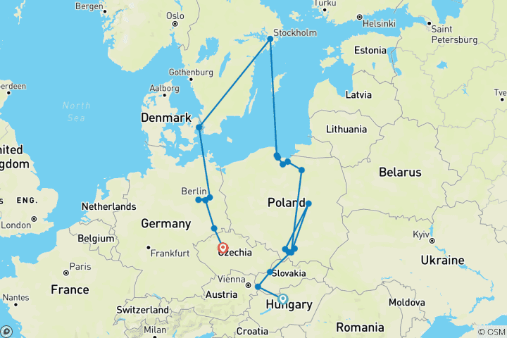 Map of Hungary, Poland and Scandinavia End Prague