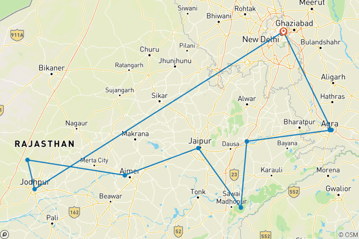Kaart van Rajasthan & Gouden Driehoek Avontuur - 13 dagen
