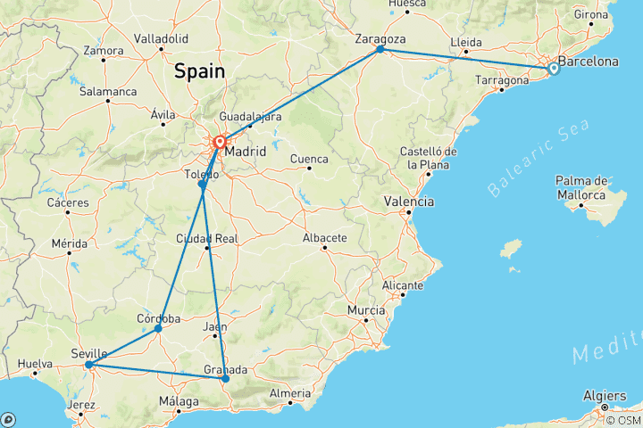 Karte von Barcelona, Sevilla & Alhambra - 9 Tage