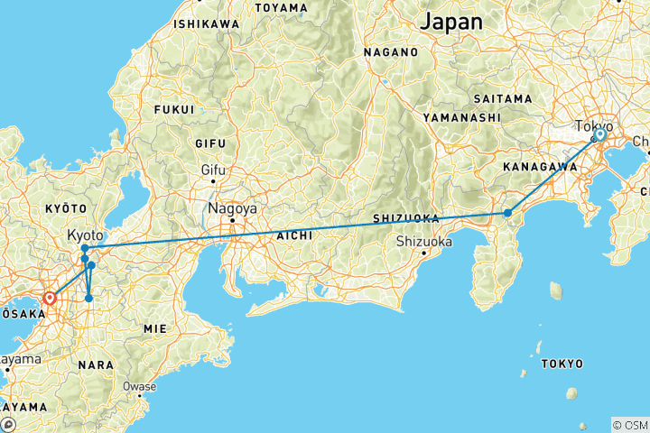 Mapa de Japón Esencial 9 Días con Niños Menores de 6 Años (Guía y Conductor Privados)
