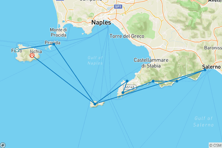 Mapa de Una semana a bordo de un fantástico barco a motor en el Golfo de Nápoles, entre las costas de Amalfi y Sorrento