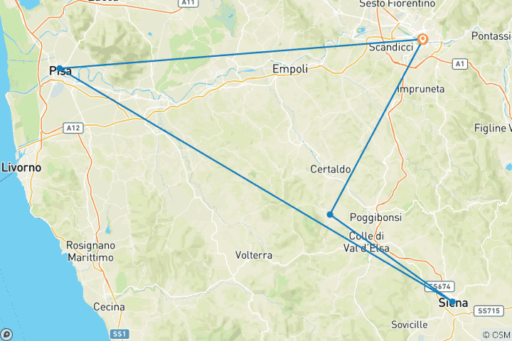 Carte du circuit Circuit de 3 jours en Toscane : Découvrez Pise, San Gimignano, Sienne et Florence.