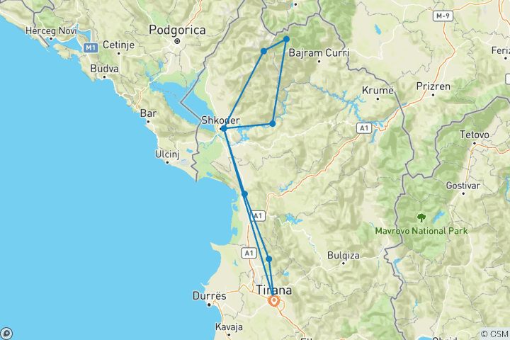 Map of 5 Days Full Hiking Tour to Valbona and Thethi